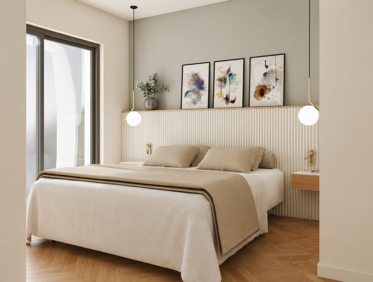 Chambre parentale avec tête de lit cannelée en relief, mur vert d'eau et affiches botaniques, projet Ambérieu