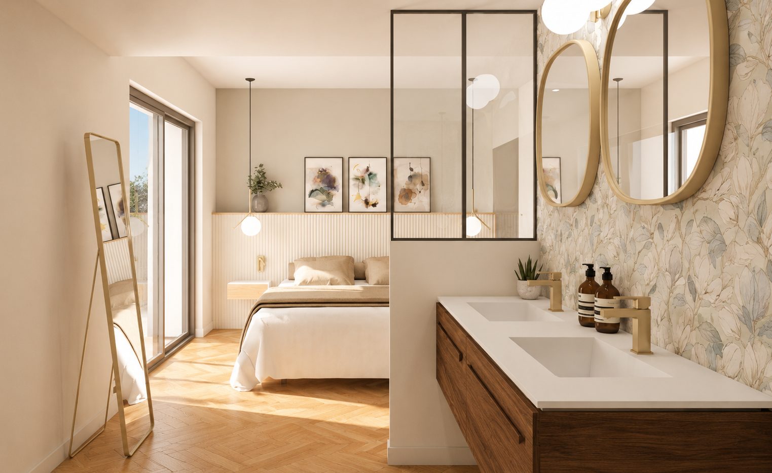 Salle de bains ouverte sur la chambre par une verrière, projet Ambérieu