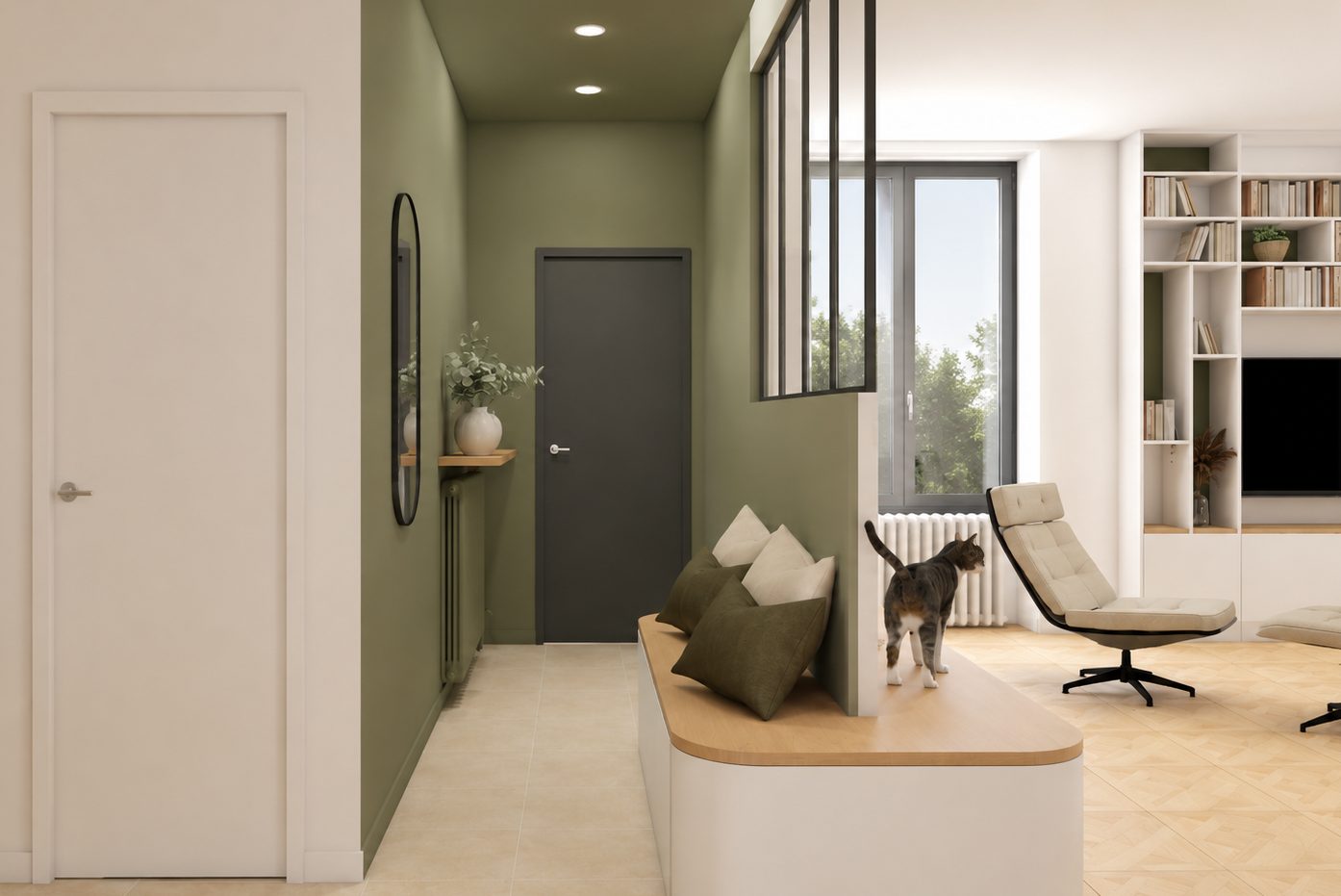 Couloir vert kaki avec banquette filante, verrière atelier et console bois, projet Balthazar