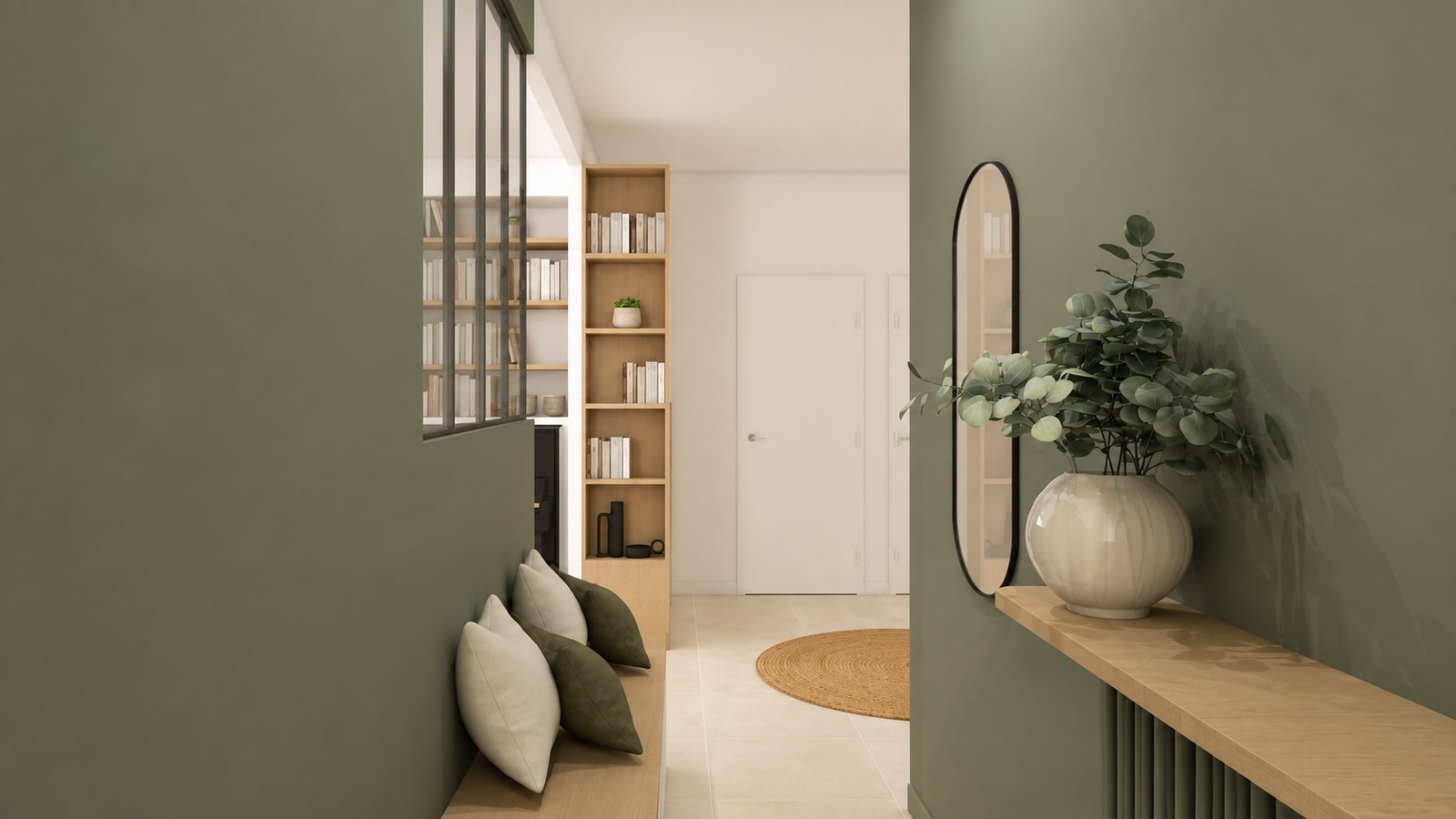 Entrée vert kaki avec banquette, miroir ovale et bibliothèque bois derrière une verrière, projet Balthazar