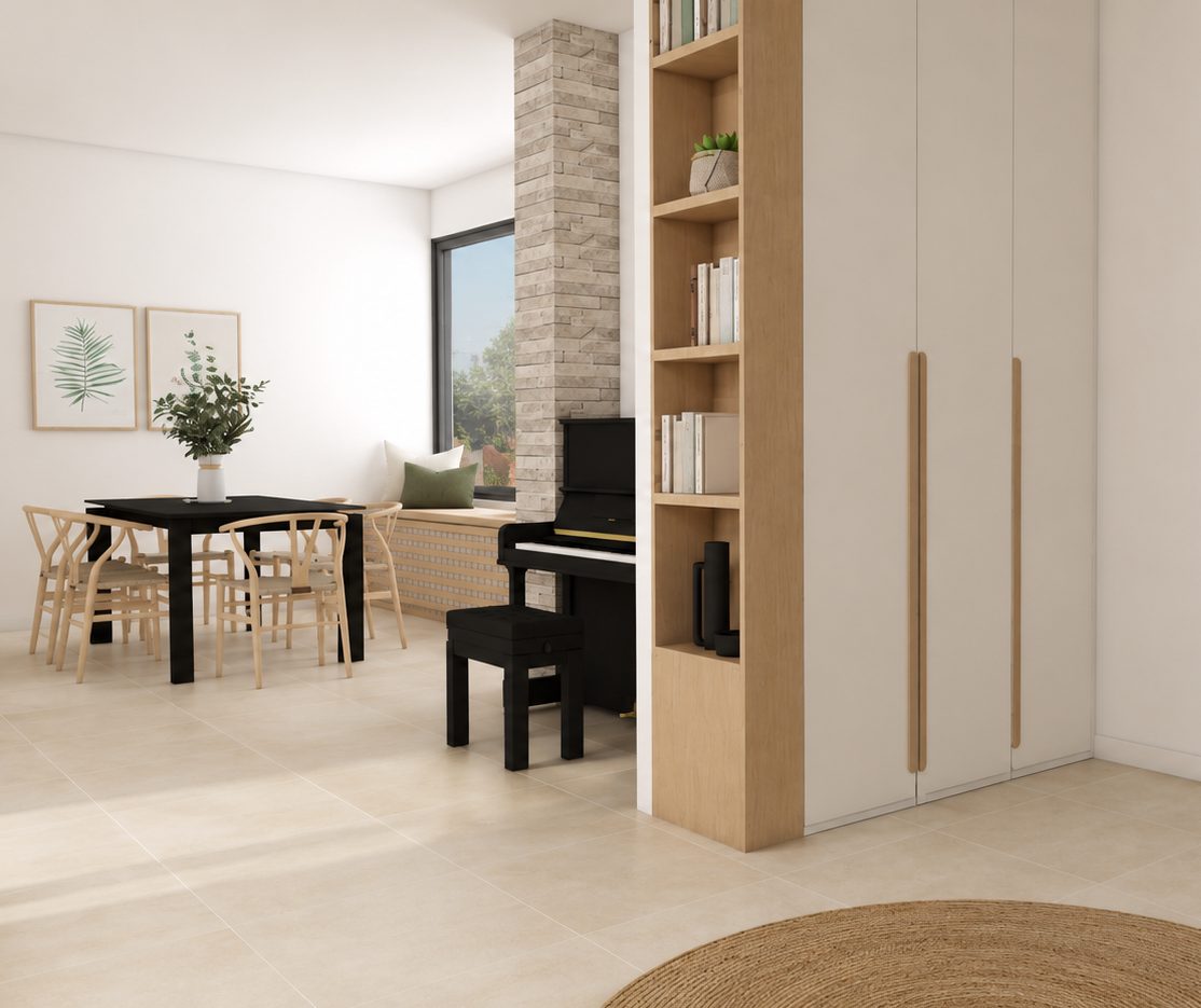 Coin repas avec table sombre, chaises bois, piano et mur de pierre apparente conservé, projet Balthazar