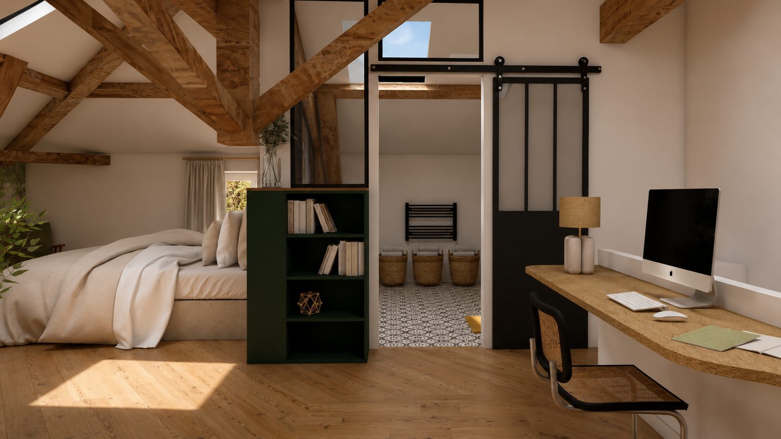 Coin bureau sous les rampants avec plan en bois et verrière atelier, projet Chalay à Chasselay
