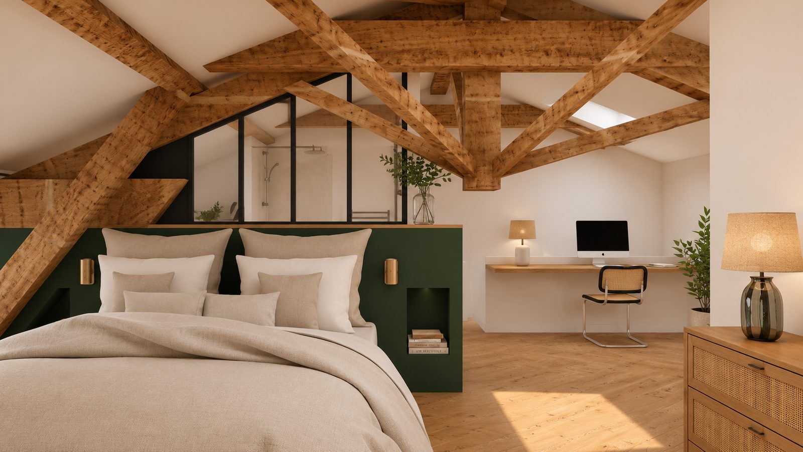 Projet 3D du coin nuit avec tête de lit vert sapin, niche intégrée et poutres apparentes, projet Chalay à Chasselay