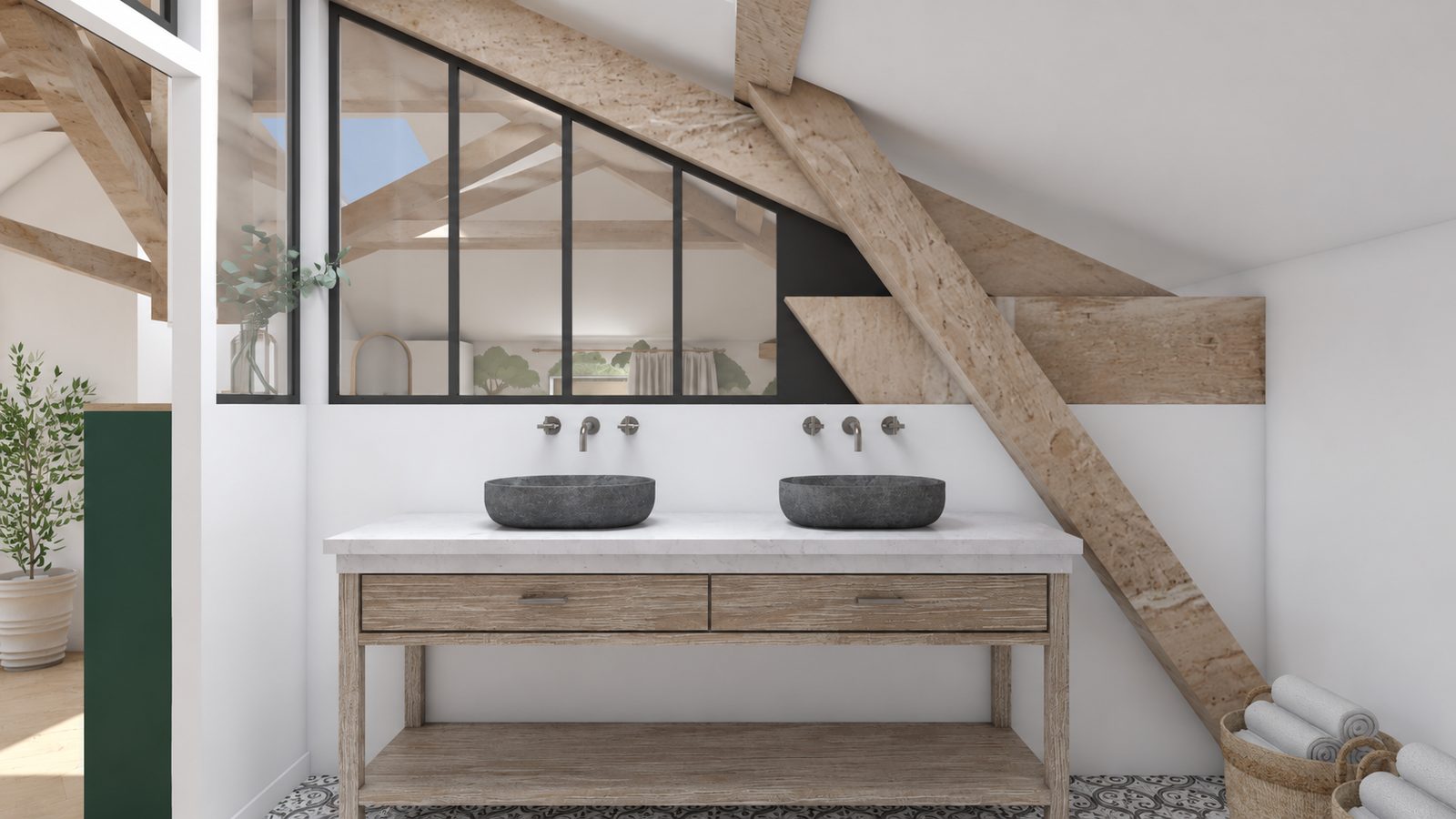 Salle de bains sous combles avec double vasque en pierre, meuble bois et verrière atelier, projet Chalay