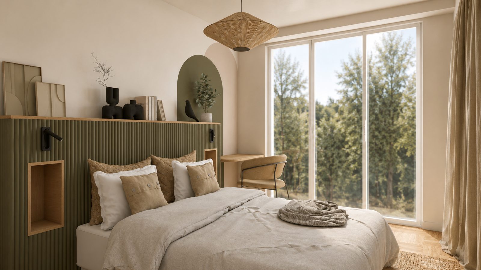 Chambre avec arche vert olive, niches en bois et petit bureau d'appoint près de la fenêtre, projet Créqui