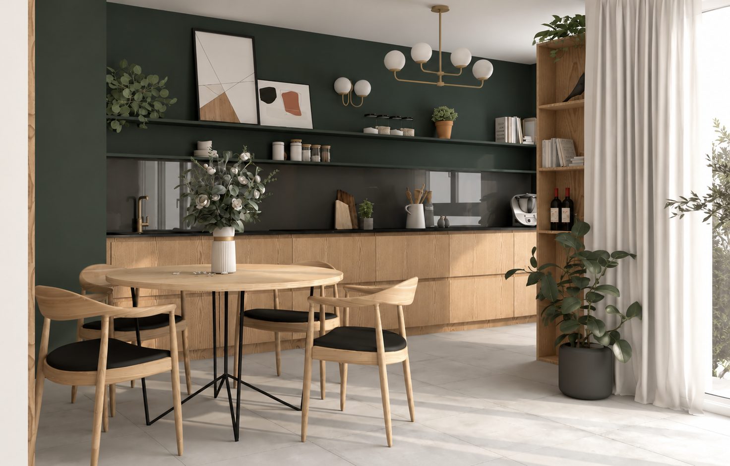 Visuel 3D de la cuisine vert profond et chêne avec table ronde et étagères ouvertes, projet des Docks à Lyon