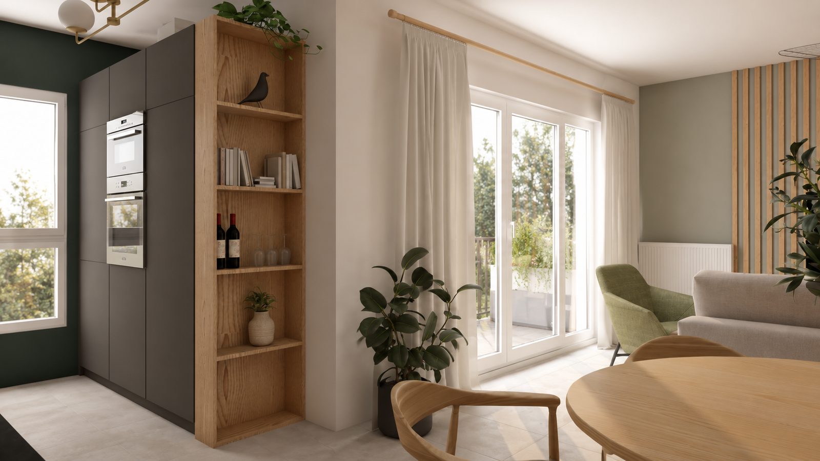 Visuel 3D de la cuisine ouverte sur le séjour avec colonne four et tasseaux de bois, projet des Docks à Lyon