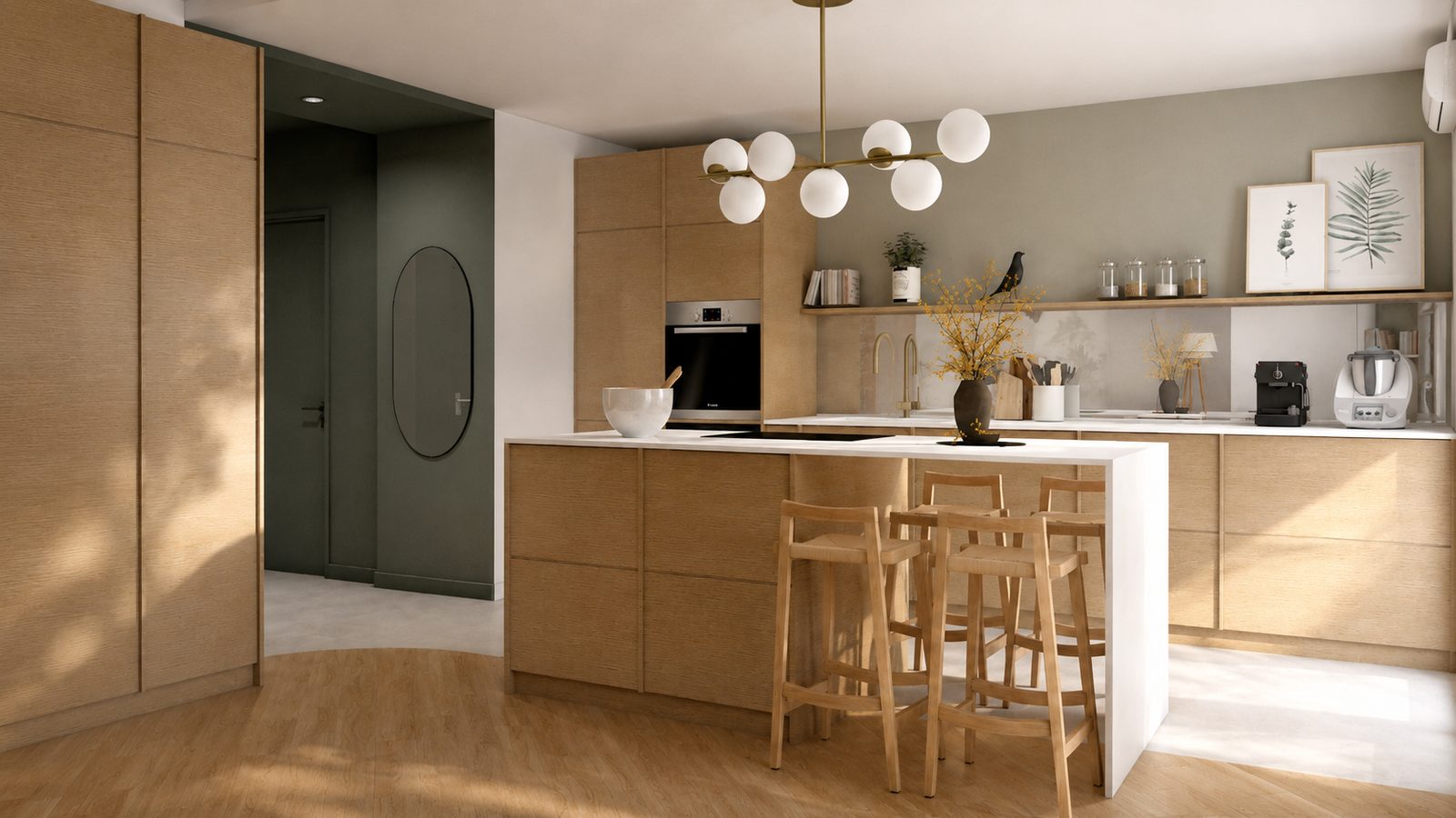 Visuel 3D de la cuisine ouverte à îlot en bois clair et plan de travail blanc, duplex à Lyon