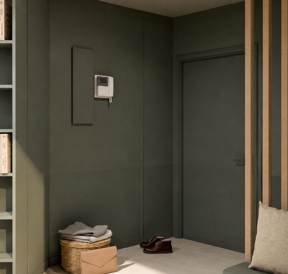 Visuel 3D de l'entrée en vert sapin colorblock avec tasseaux de bois, duplex derrière la Part-Dieu à Lyon
