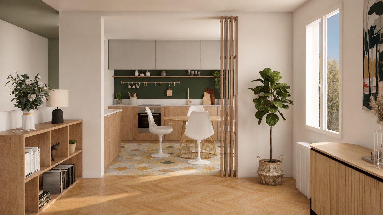 Visuel 3D de la cuisine ouverte avec mur vert, façades bois, sol en carreaux graphiques et table ronde, projet La Vigie à Lyon 5e