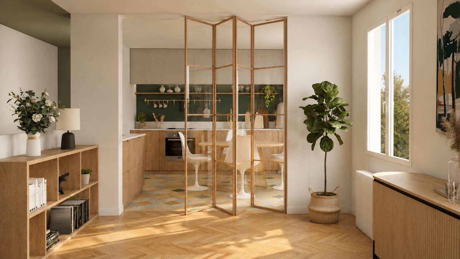 Visuel 3D de la verrière accordéon en bois en cours de repli entre la cuisine et le séjour, projet La Vigie à Lyon