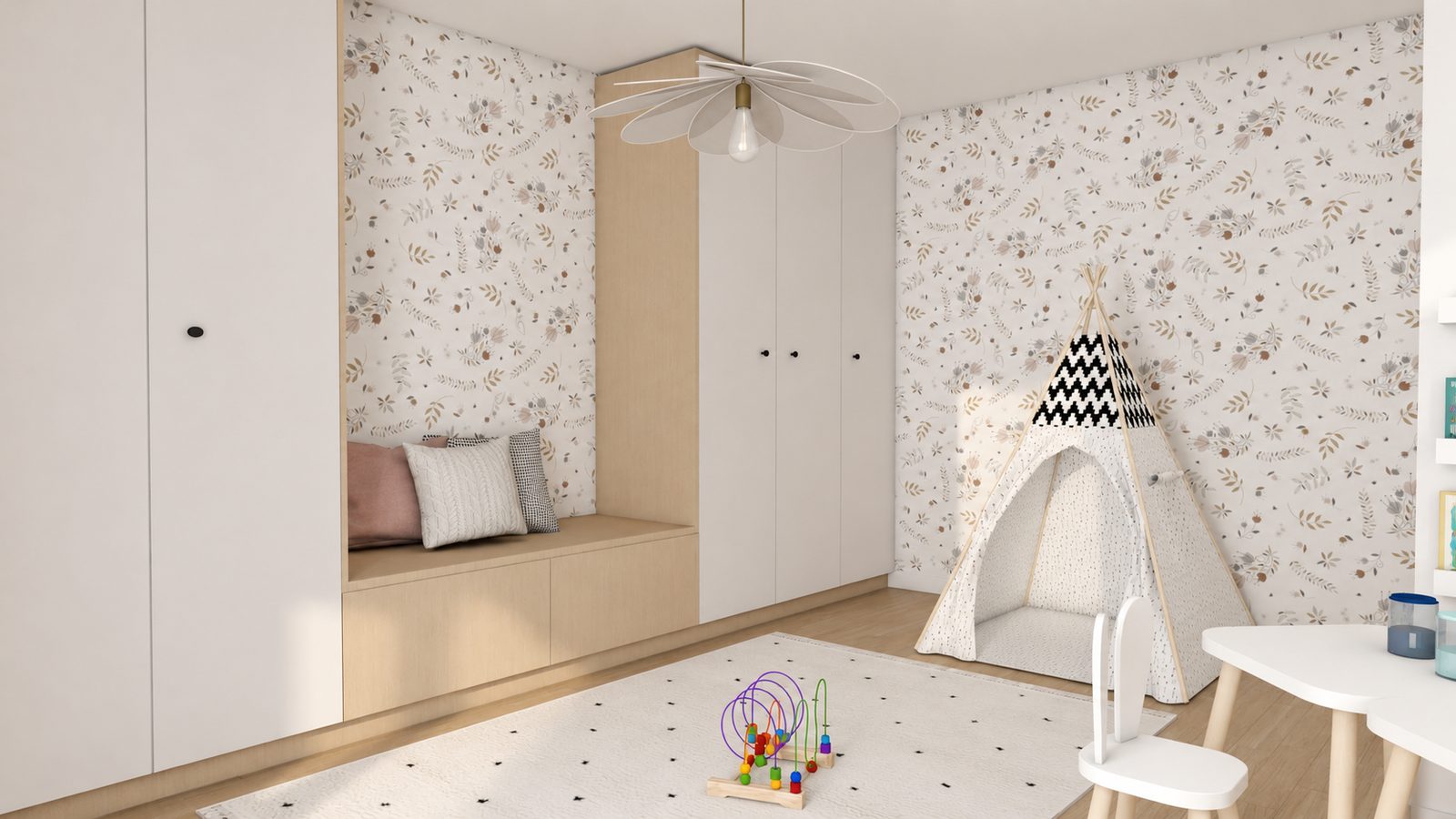 Visuel 3D du coin jeu avec tipi, tapis rond et banquette intégrée au module dressing, projet Lavirotte à Lyon
