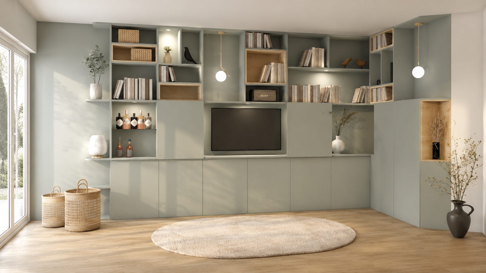 Visuel 3D de la bibliothèque avec la télévision révélée au centre de la bibliothèque bleu ciel, projet Masset à Lyon 9e