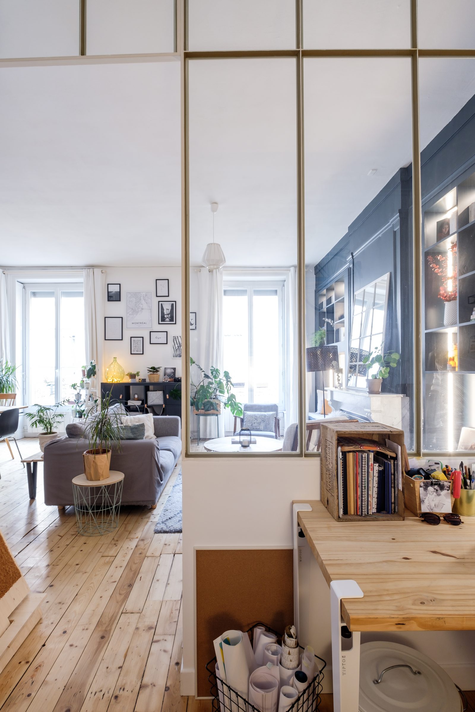 Verrière d'atelier blanche séparant le bureau du salon, appartement à la Guillotière