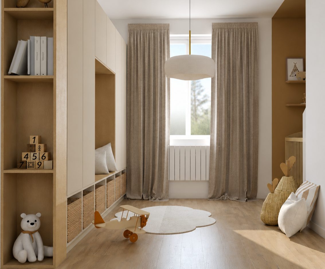 Projet 3D de la chambre d'enfant avec mobilier bois, banquette et panneau fleuri