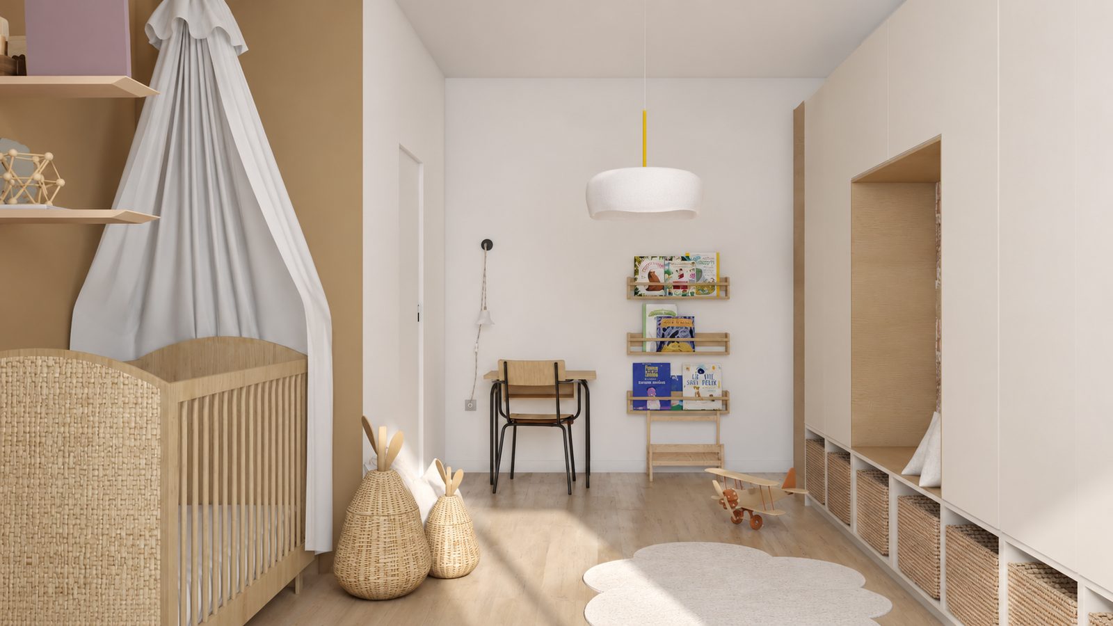 Projet 3D de la chambre d'enfant avec ciel de lit et rangements sur-mesure