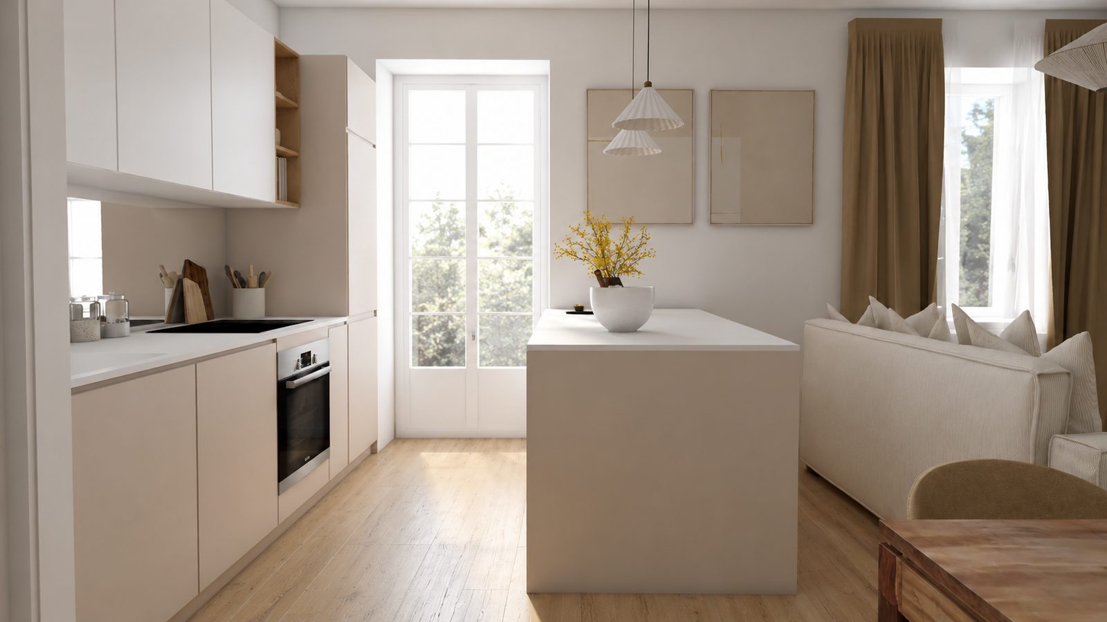 Projet 3D de la cuisine ouverte blanche et bois avec îlot central, appartement familial