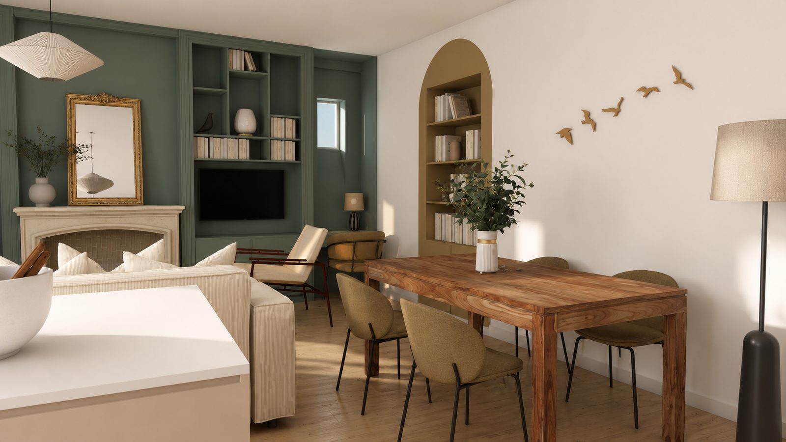Projet 3D du salon bleu avec bibliothèque, arche et cheminée en marbre, appartement familial