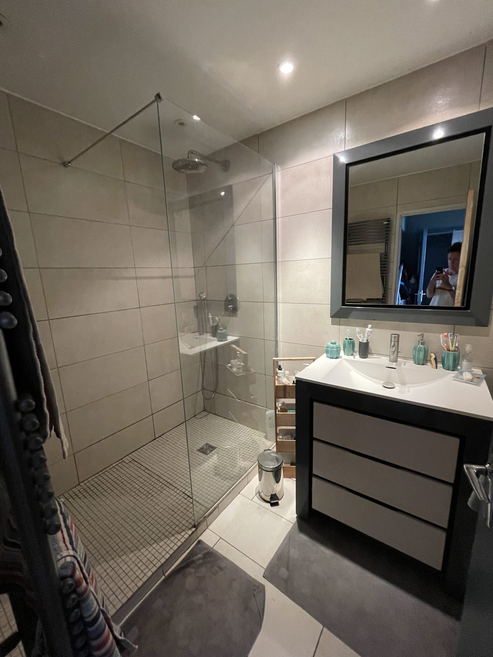 Avant travaux : l'ancienne salle de bains grise et datée de l'appartement à Lyon 3e