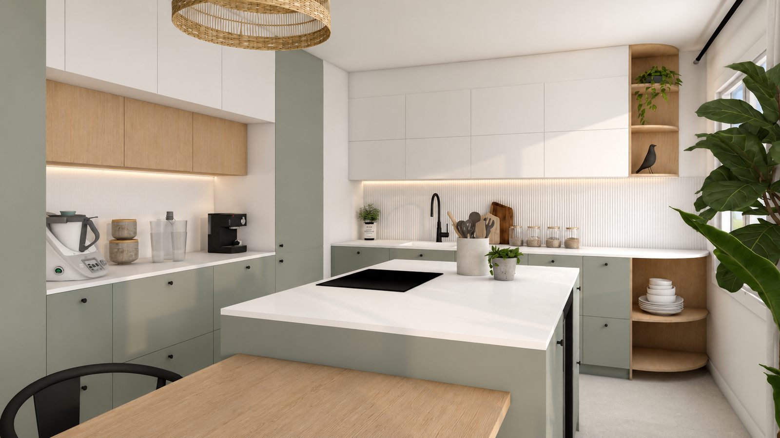 Projet 3D de la cuisine sage green avec îlot et rangements sur-mesure, appartement familial à Lyon