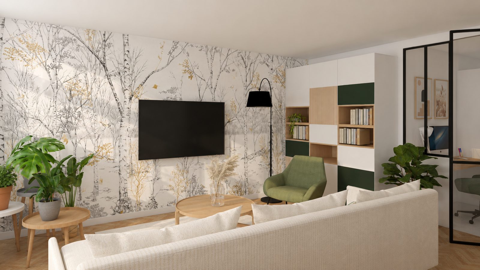 Projet 3D du séjour avec bibliothèque verte, verrière et papier peint botanique, appartement familial à Lyon 6e