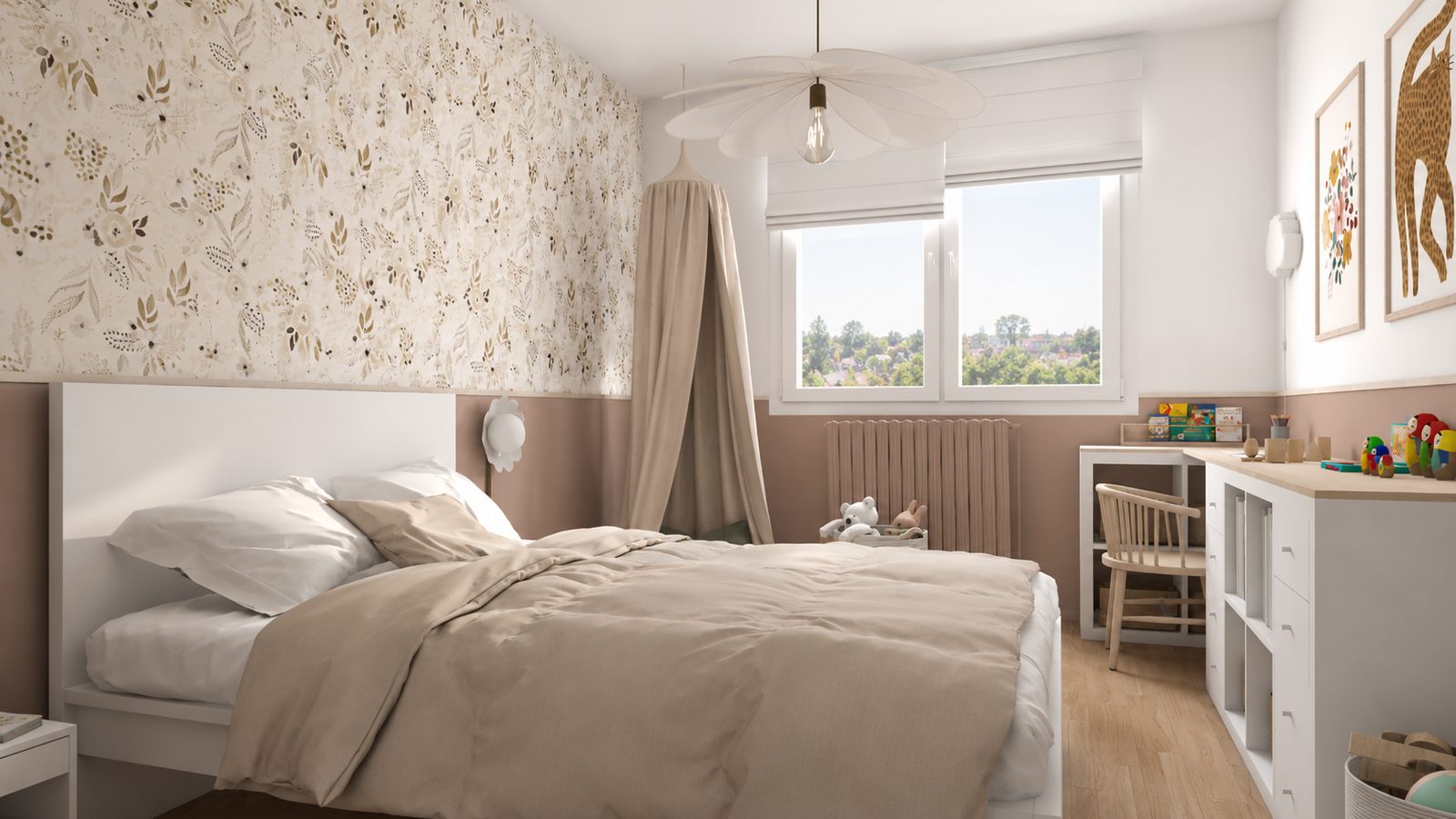 Chambre d'enfant avec ciel de lit, papier peint fleuri et tons rosés, projet Verdun à Bron