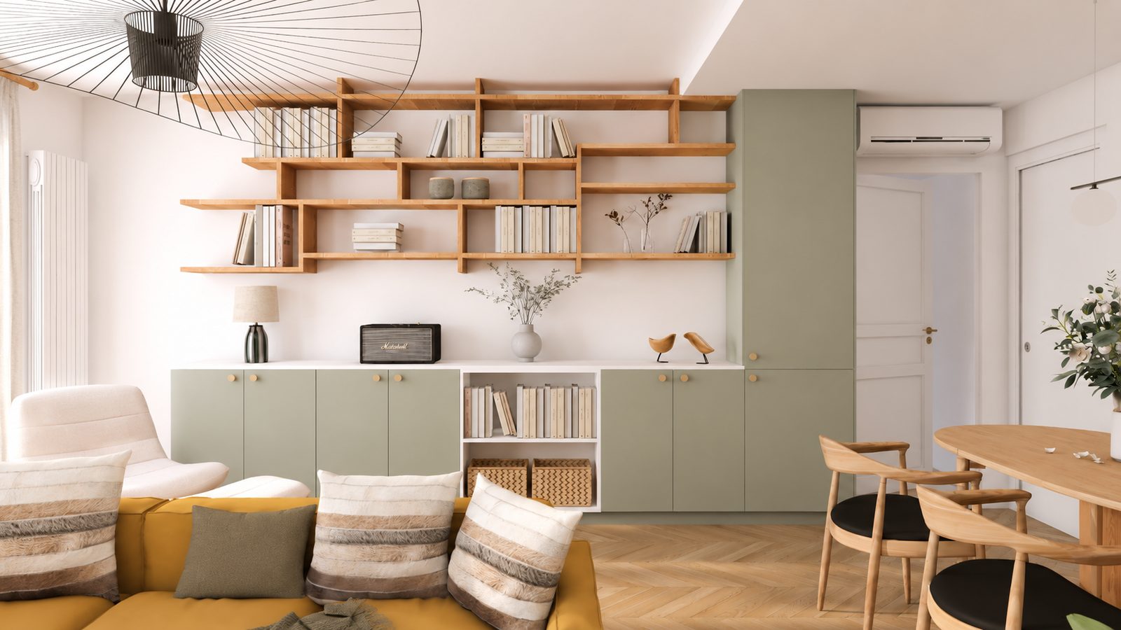 Salon avec bibliothèque en étagères ouvertes et meubles bas vert de gris sur-mesure, projet Verdun à Bron
