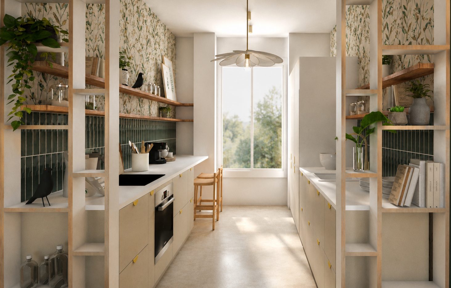 Visuel 3D de la cuisine avec crédence zellige vert, papier peint botanique et étagères bois, à Oullins