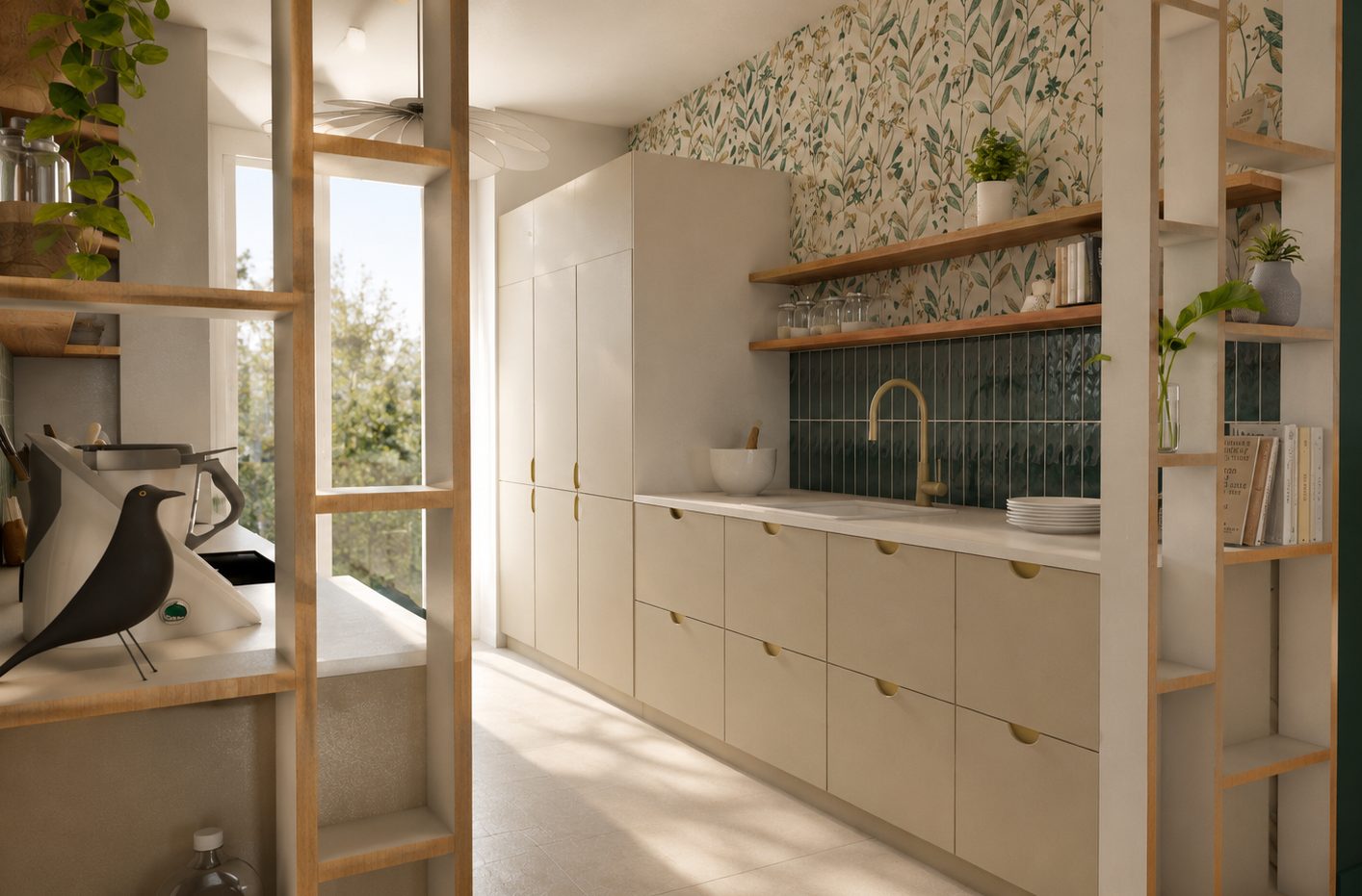Visuel 3D de la cuisine avec robinetterie laiton, colonnes de rangement et claustra bois, à Oullins