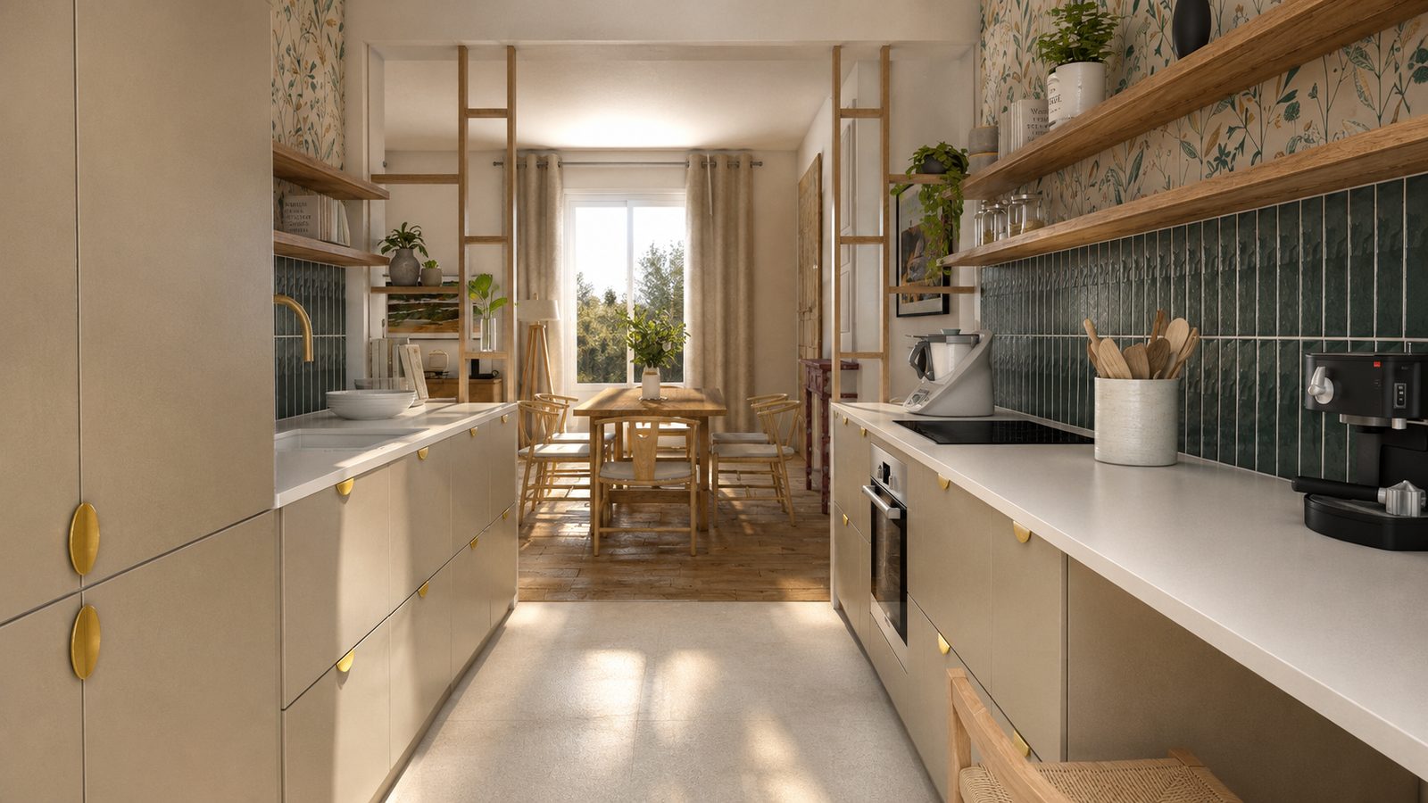 Visuel 3D de la cuisine ouverte sur la salle à manger et son parquet ancien, maison à Oullins